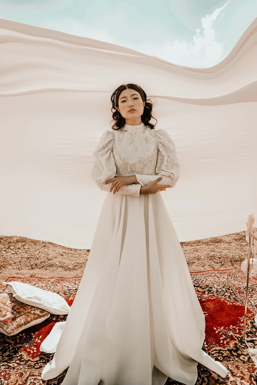 Robe en organza de soie avec buste en dentelle cristal avec manches semi bouffantes 