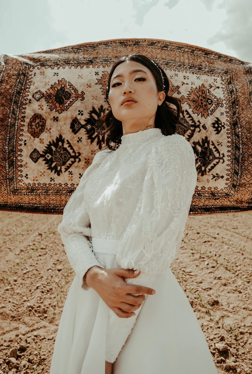 Robe en organza de soie avec buste en dentelle cristal avec manches semi bouffantes 